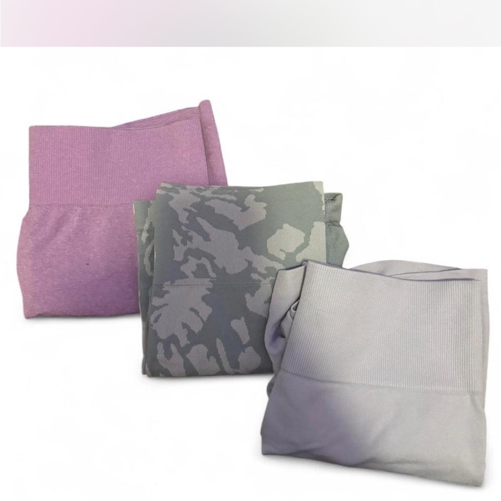 Set of Three gym shorts in Purple, Gray, and Green